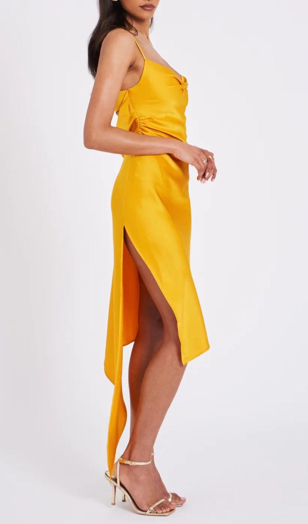 Flowering Girl Women Orange Satin Draping Midi Dress