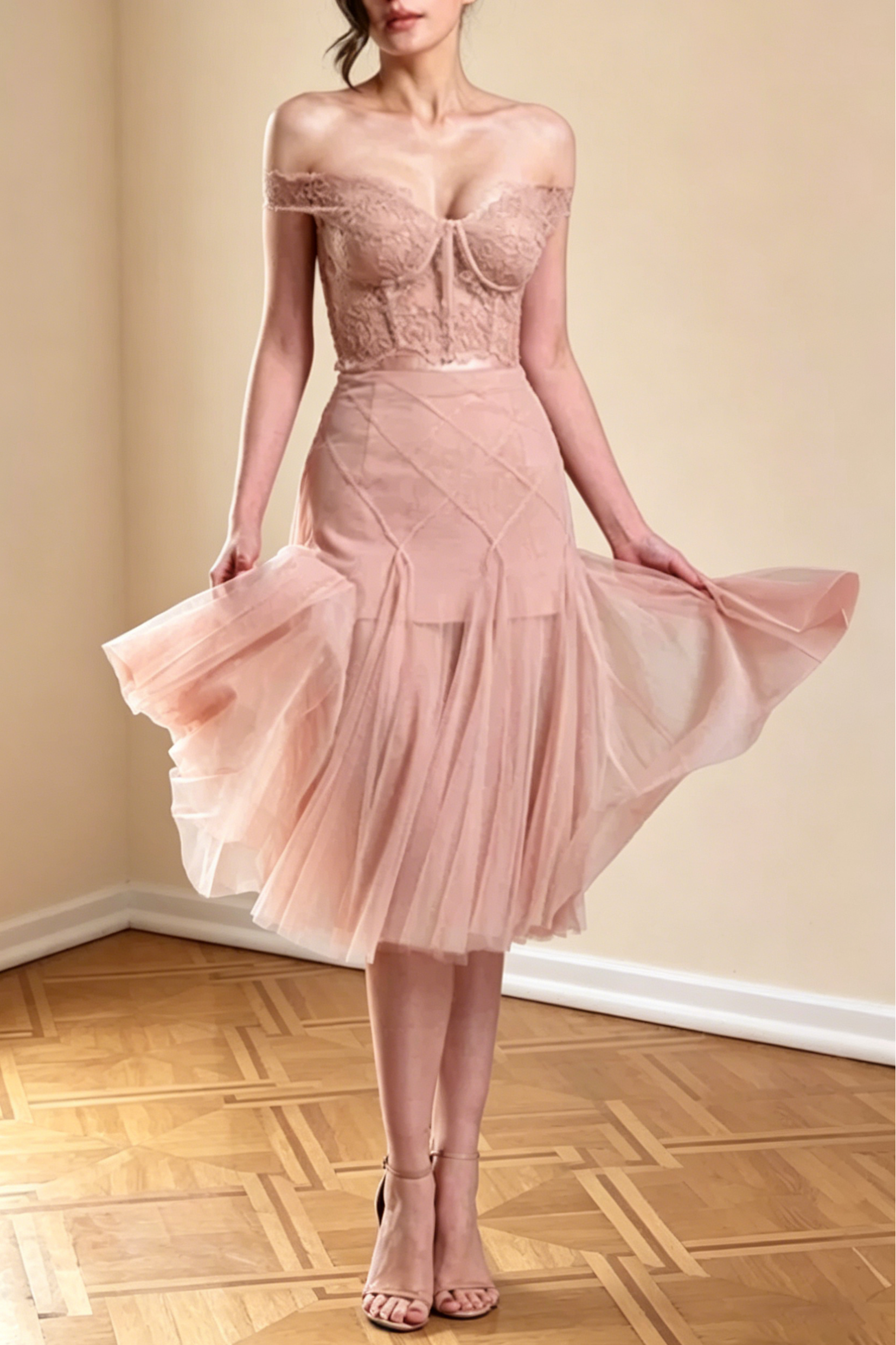Flowering Girl Women Floral Dentelle Off-Shoulder Bustier Corset Net Skirt Set In Pink