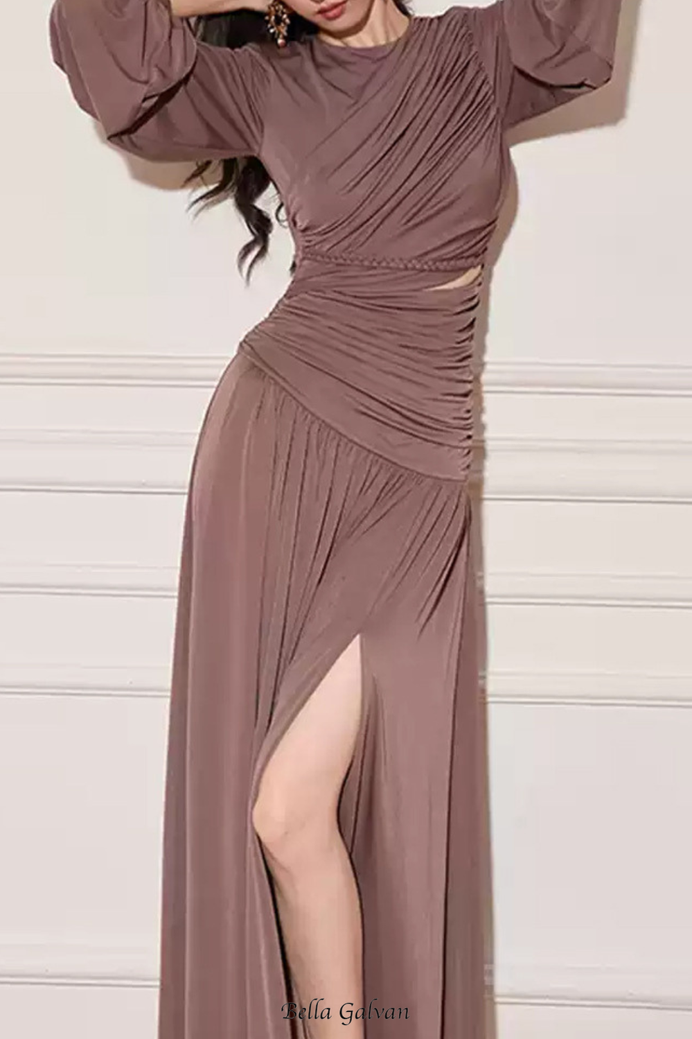 pleated cutout chiffon maxi dress in pale brown