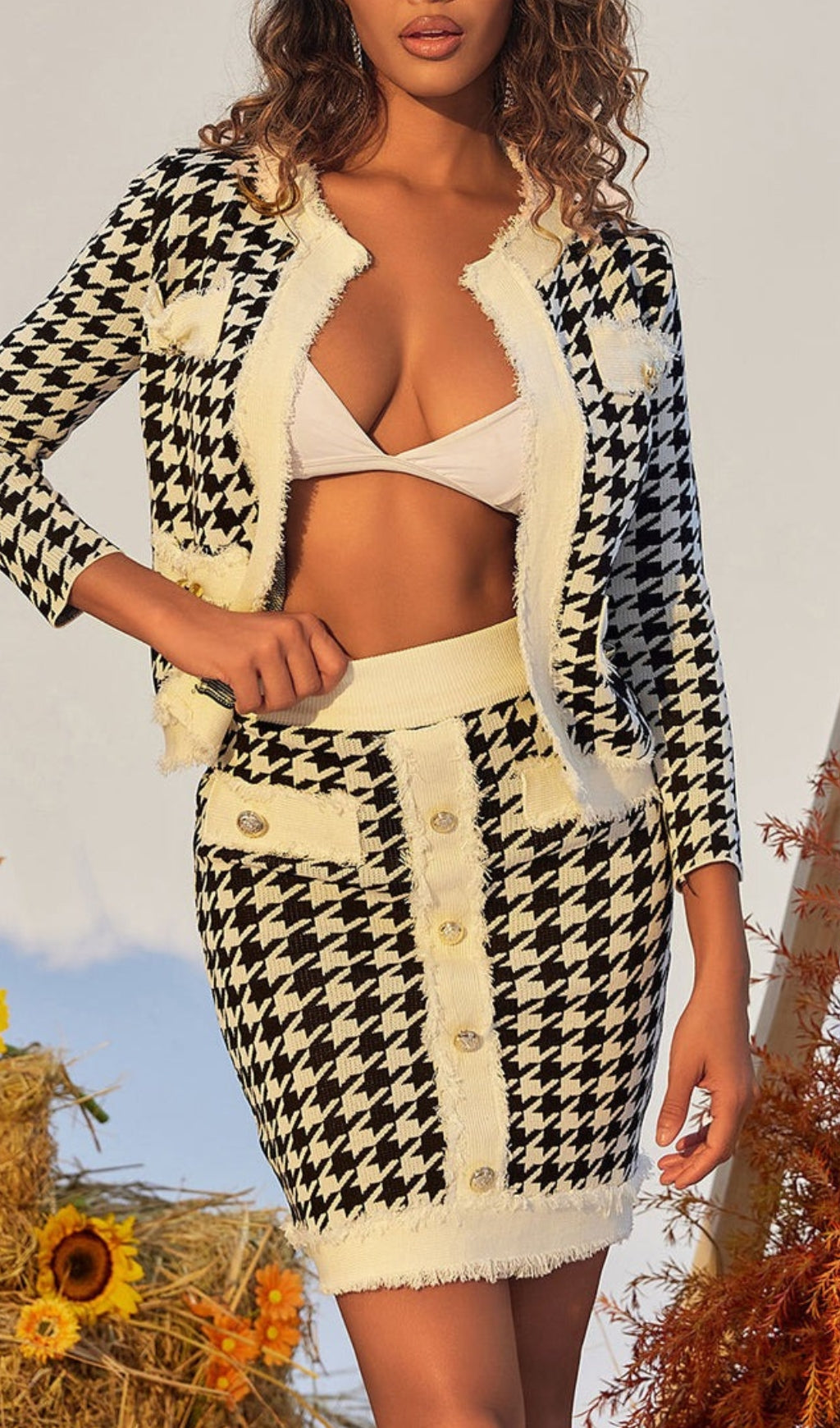 Flowering Girl Women Houndstooth Knitted Skirt Set