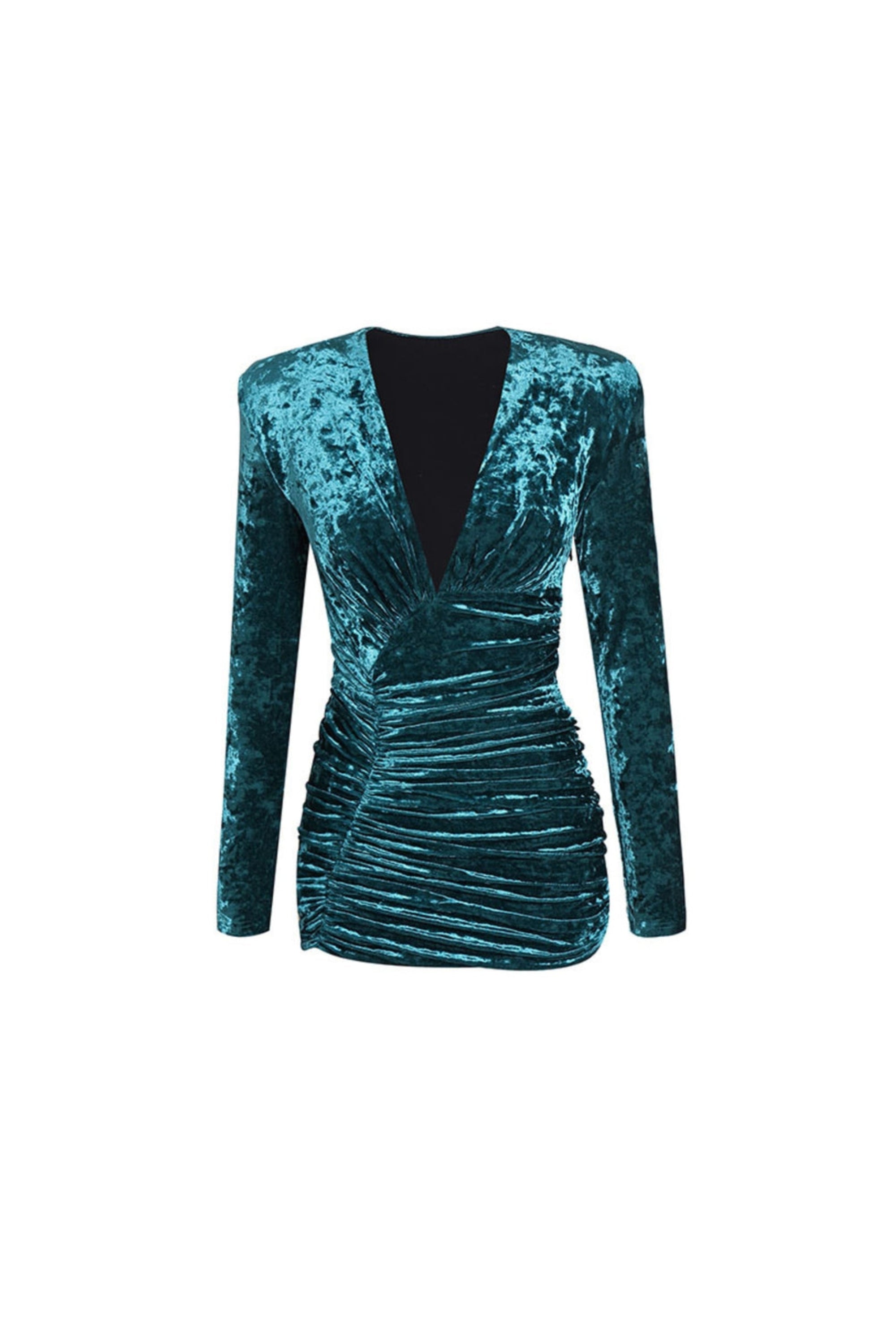 Flowering Girl Women Green V Neck Ruched Velvet Mini Dress