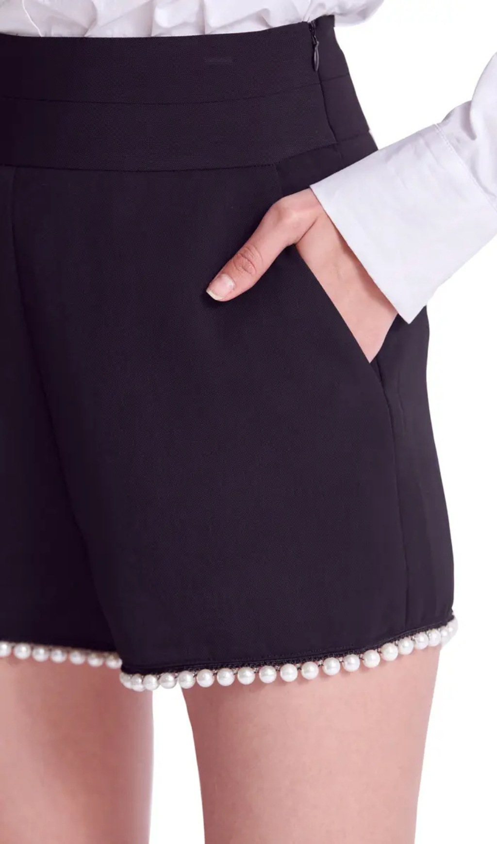 Flowering Girl Women Imitation Pearl Trim High Waist Shorts In Black