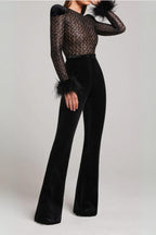 Flowering Girl Women Black Feather Sequin Jumpsuit