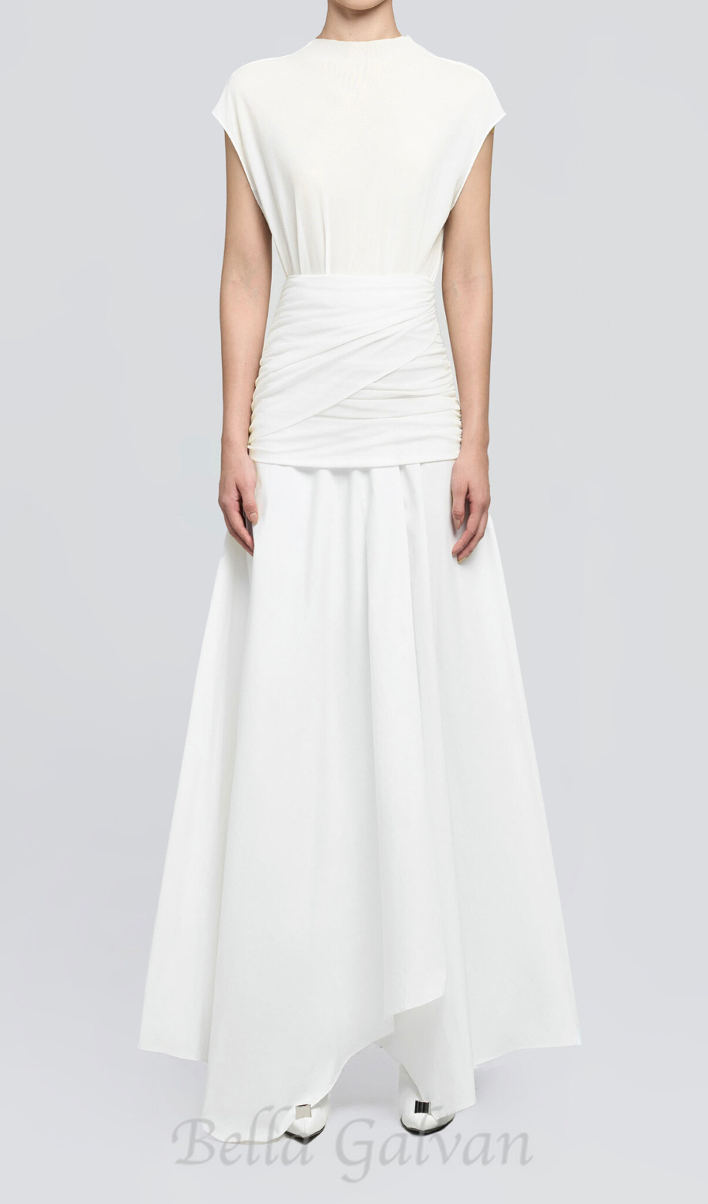 Flowering Girl Women white Waist cross pleats midi dress with asymmetric hemline
