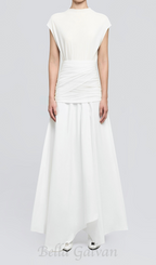 Flowering Girl Women white Waist cross pleats midi dress with asymmetric hemline