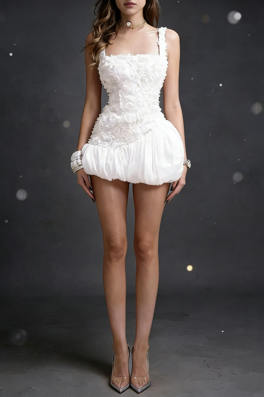 Flowering Girl Women Jocelyn Flower Embellished Puffy Mini Dress In White
