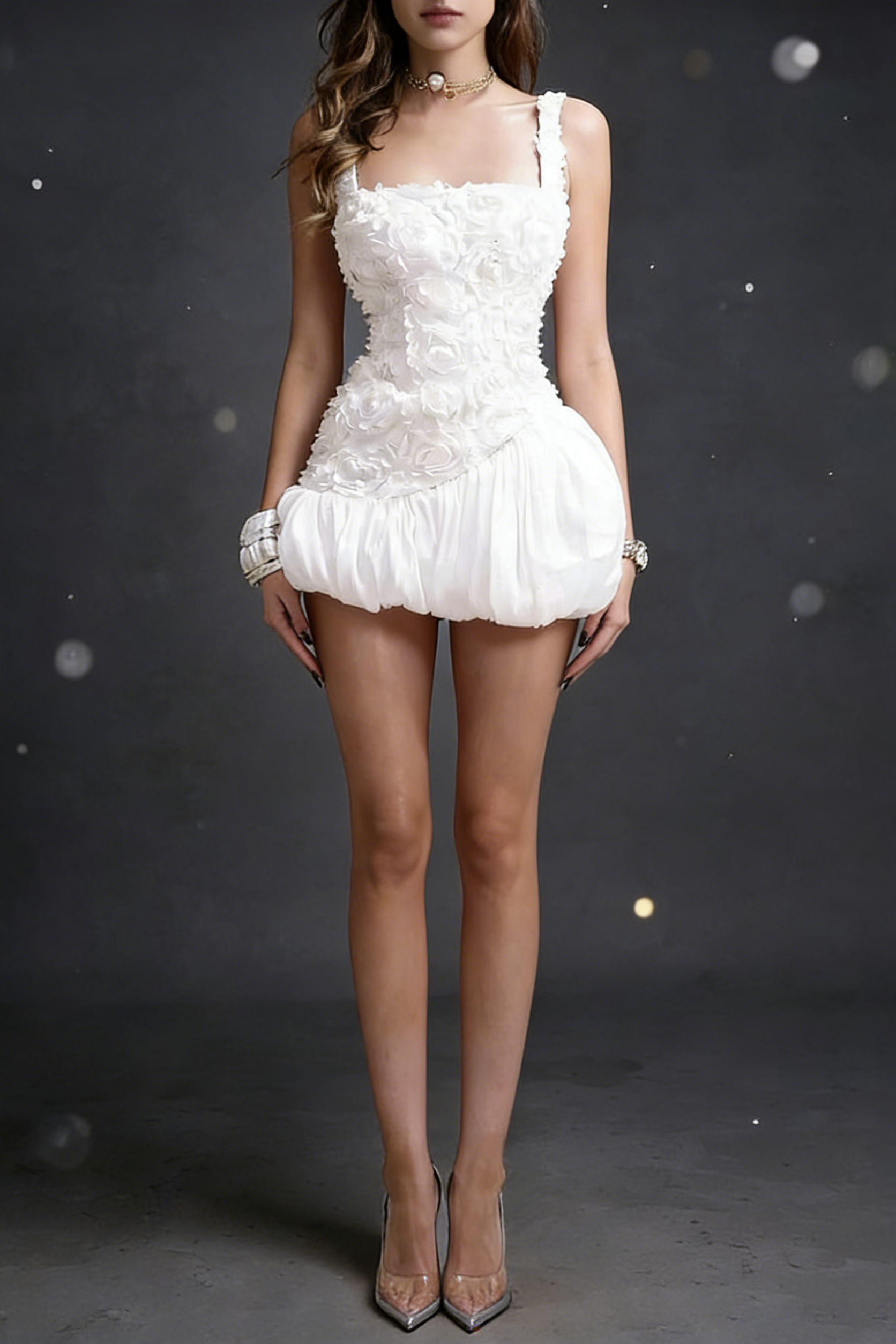 Flowering Girl Women Jocelyn Flower Embellished Puffy Mini Dress In White