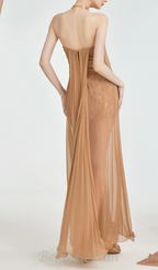 Flowering Girl Women Thea Strapless Mesh Backless maxi Dress in brown