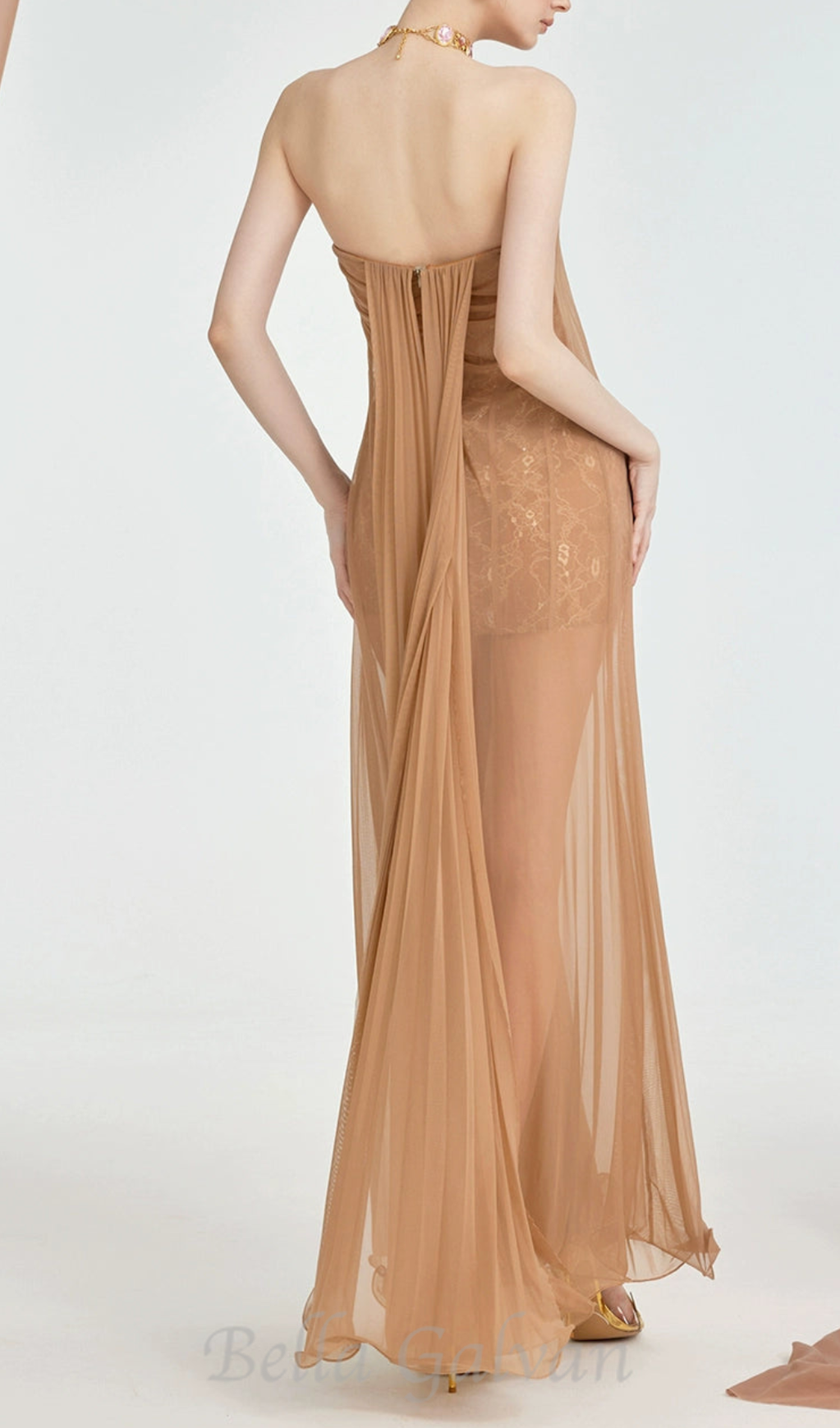 Flowering Girl Women Thea Strapless Mesh Backless maxi Dress in brown