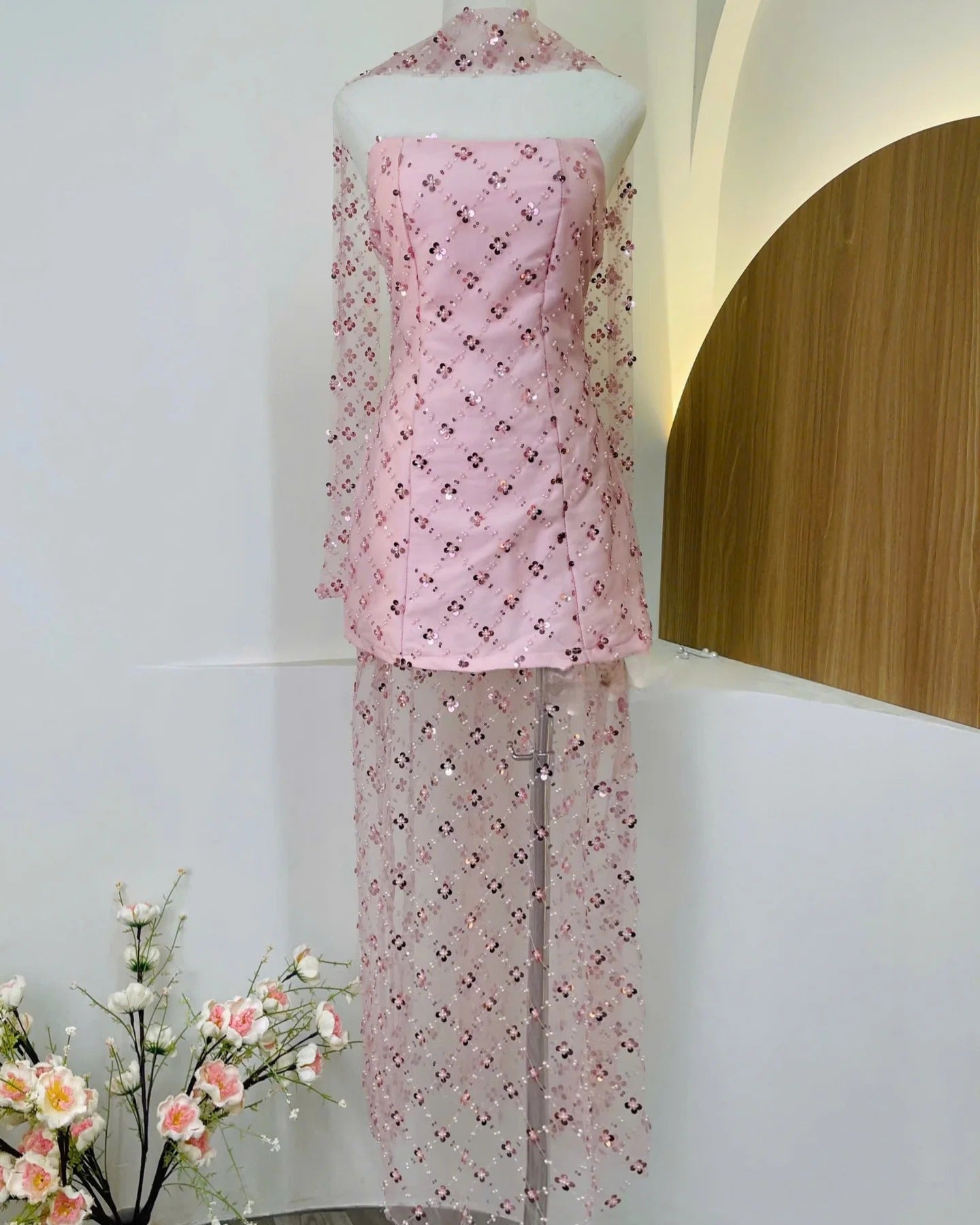 Flowering Girl Women Strapless Sequins Pearl Mini Dress In Pink