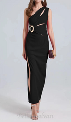 Flowering Girl Women one-shoulder cutout side slit maxi dress in black
