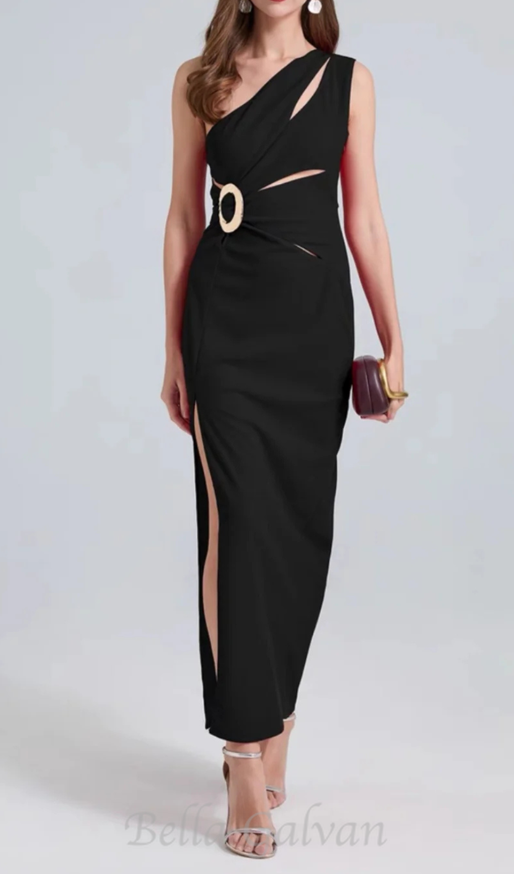 one-shoulder cutout side slit maxi dress in black