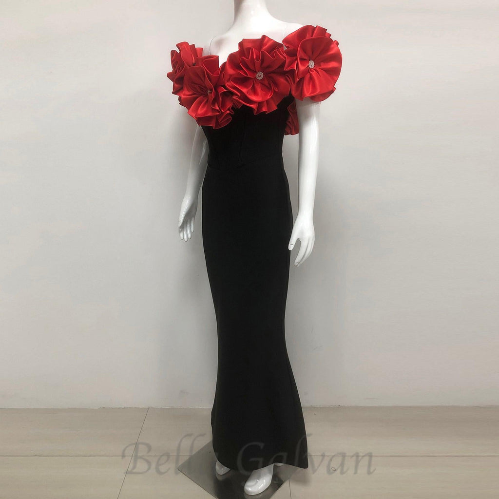 Flowering Girl Women red flower embellished strapless Bandage maxi dress