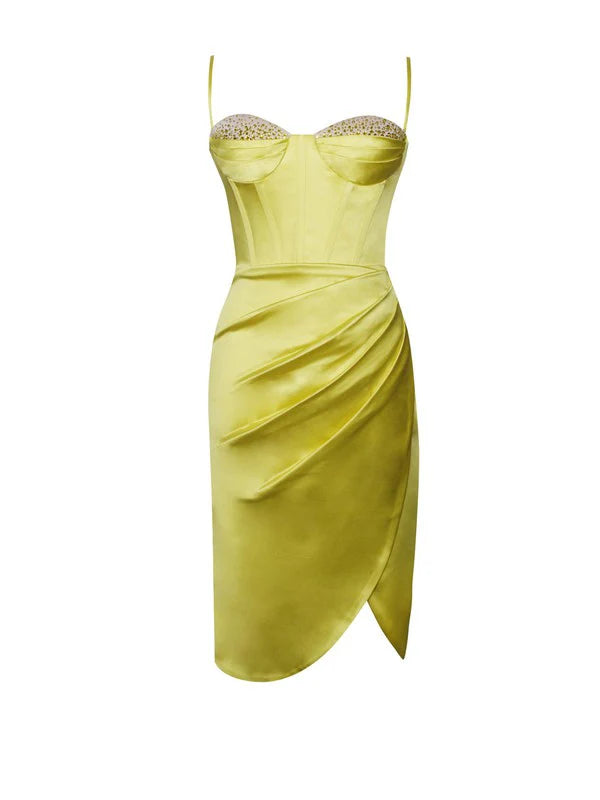 Flowering Girl Women Lemon Yellow Pleated Satin Mini Dress