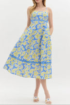 wallis floral print hollow midi dress in blue
