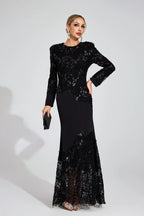 joanna Black long sleeve Embroidered Maxi Dress