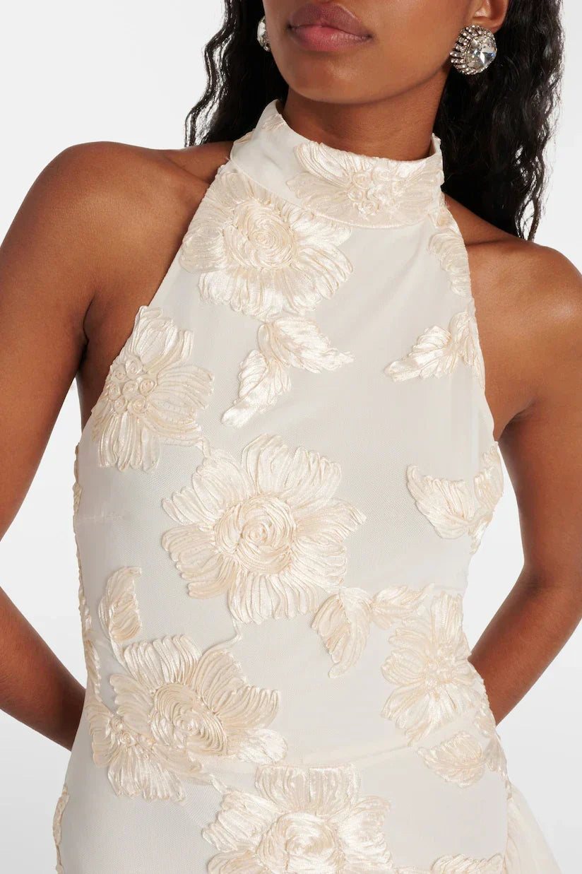 Roberta White Asymmetric Appliqué Halter Sleeveless Midi Dress