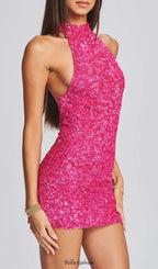 Flowering Girl Women Sequin Halter Backless Mini Dress in Pink