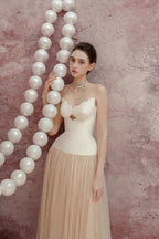 Flowering Girl Women Two-Tone Hollow Tube Top Tulle Midi Dress