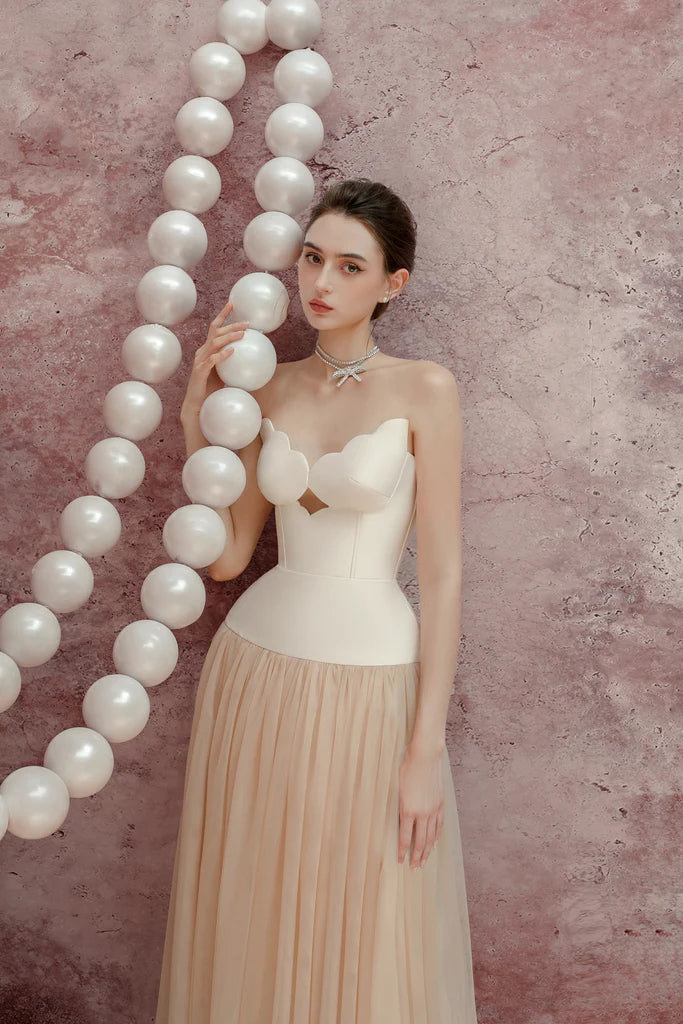 Flowering Girl Women Two-Tone Hollow Tube Top Tulle Midi Dress