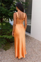 Flowering Girl Women V-neck satin maxi dress in orange