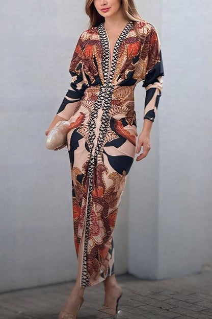 Unique Print Dolman Long Sleeve Ruched Slit Midi Dress