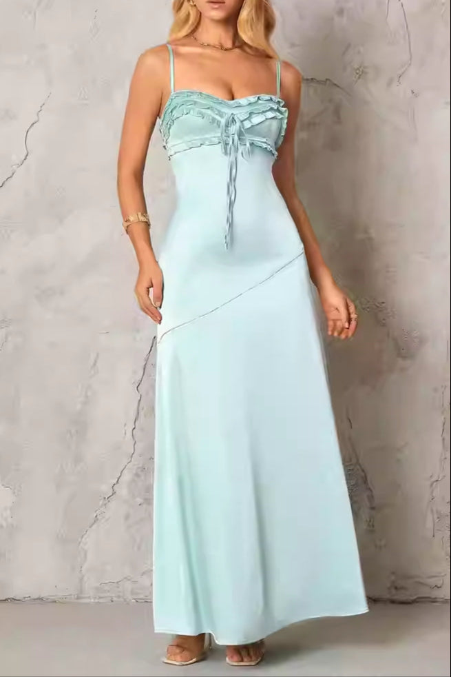 Flowering Girl Women Simona Ruffle Trim Silk Maxi Dress In Mint