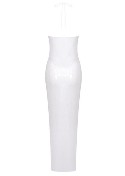 anila Glitter Rosette Halter Sequined Maxi Dress In White