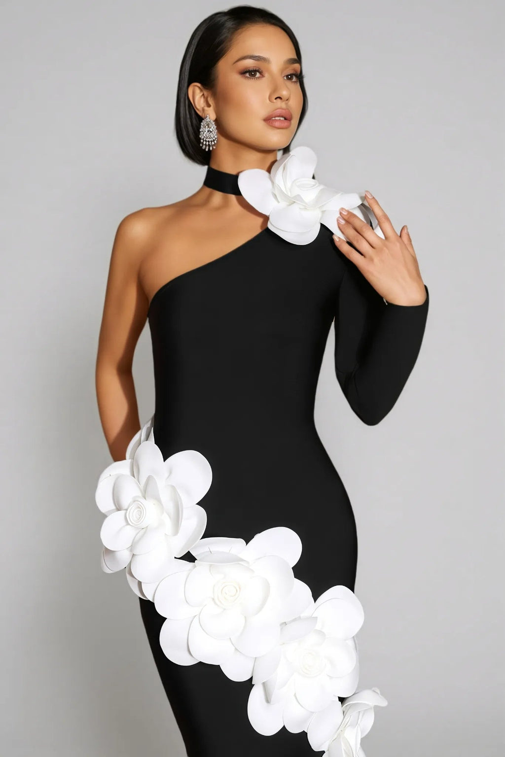 Flowering Girl Women Gemma One Shoulder 3D Flower Bandage Maxi Dress In Black