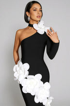 Flowering Girl Women Gemma One Shoulder 3D Flower Bandage Maxi Dress In Black