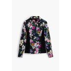 Black Vibrant Floral Print Long Sleeve Button-Down Shirt