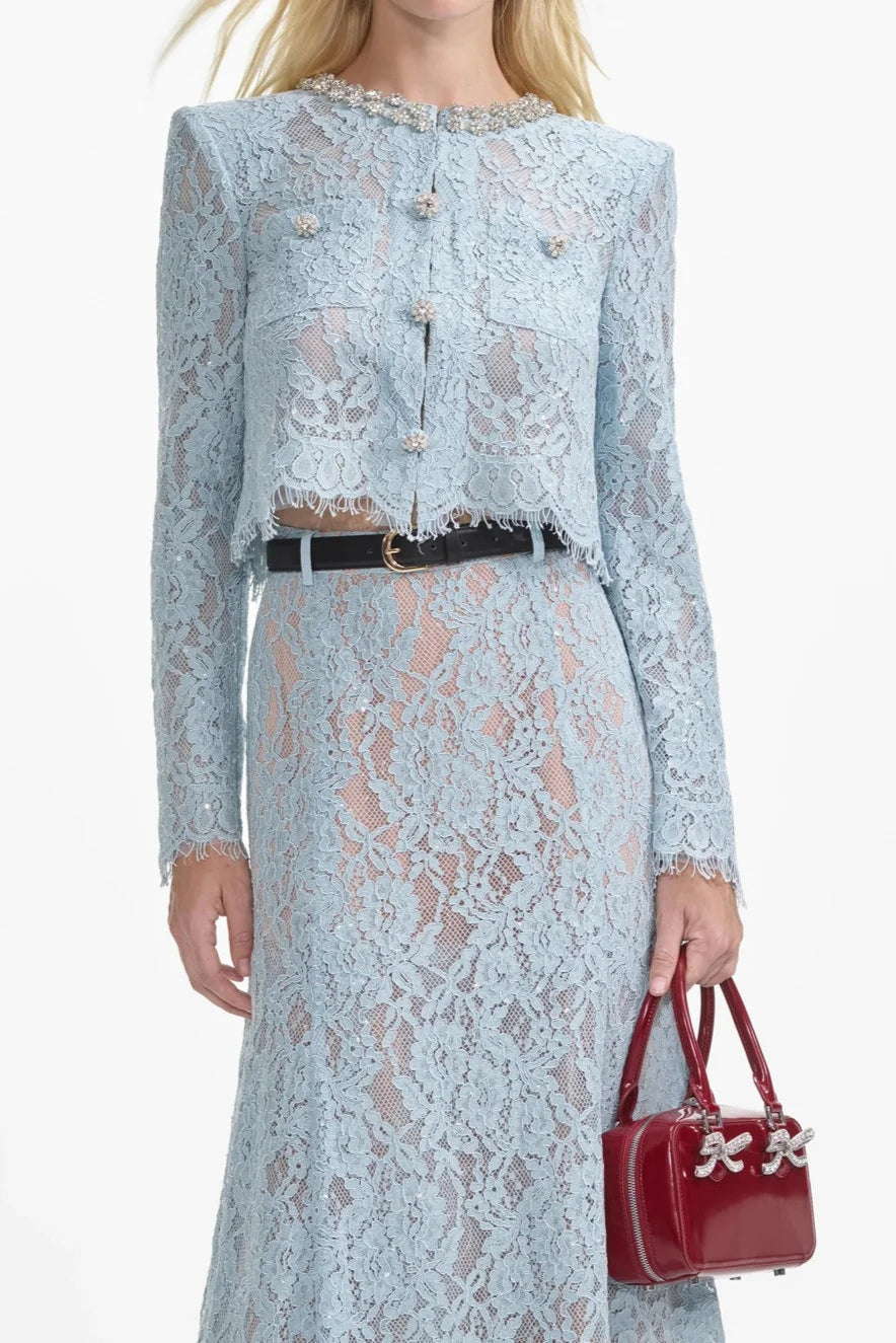 carol lace embellished top & midi skirt in blue