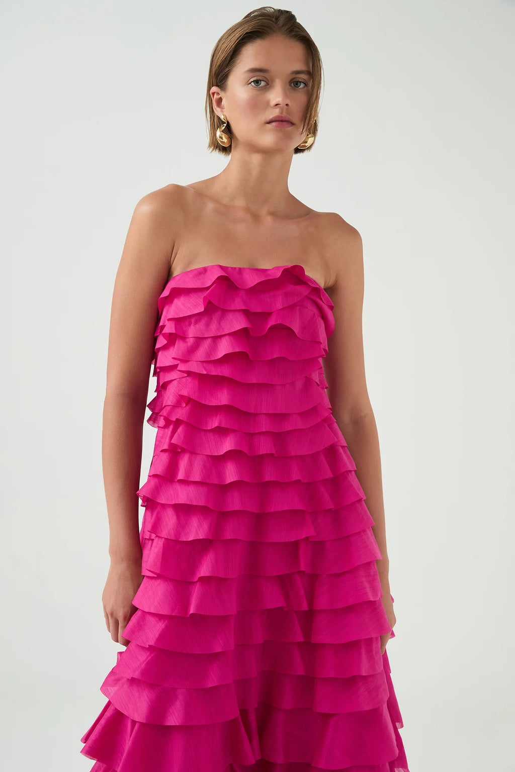 Cathy Pleated Layer Strapless Maxi Dress In Rose Red
