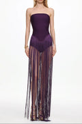 Flowering Girl Women helen Bodysuit Fringe Strapless mini Dress in purple