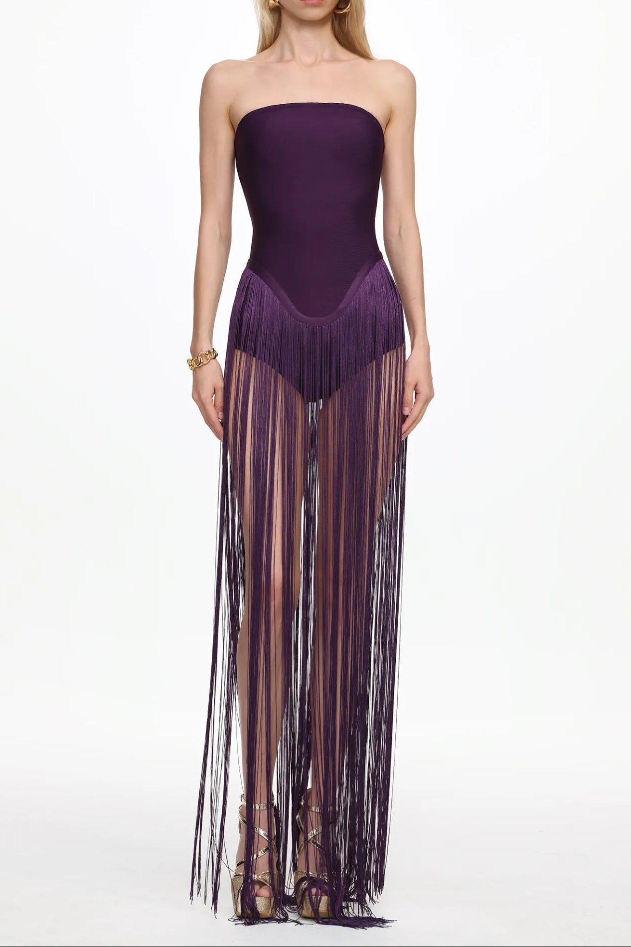 Flowering Girl Women helen Bodysuit Fringe Strapless mini Dress in purple