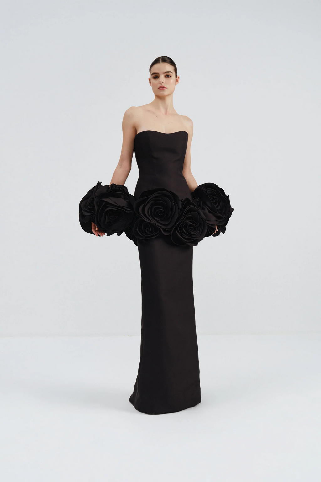Flowering Girl Women black strapless maxi dress with flower embellishments