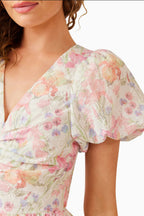 Flowering Girl Women V-Neck Puff Sleeves Floral Maxi Dress In Pink