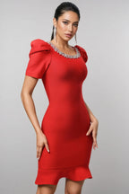 Oanna Red Short Sleeve Rhinestone Bandage Mini Dress