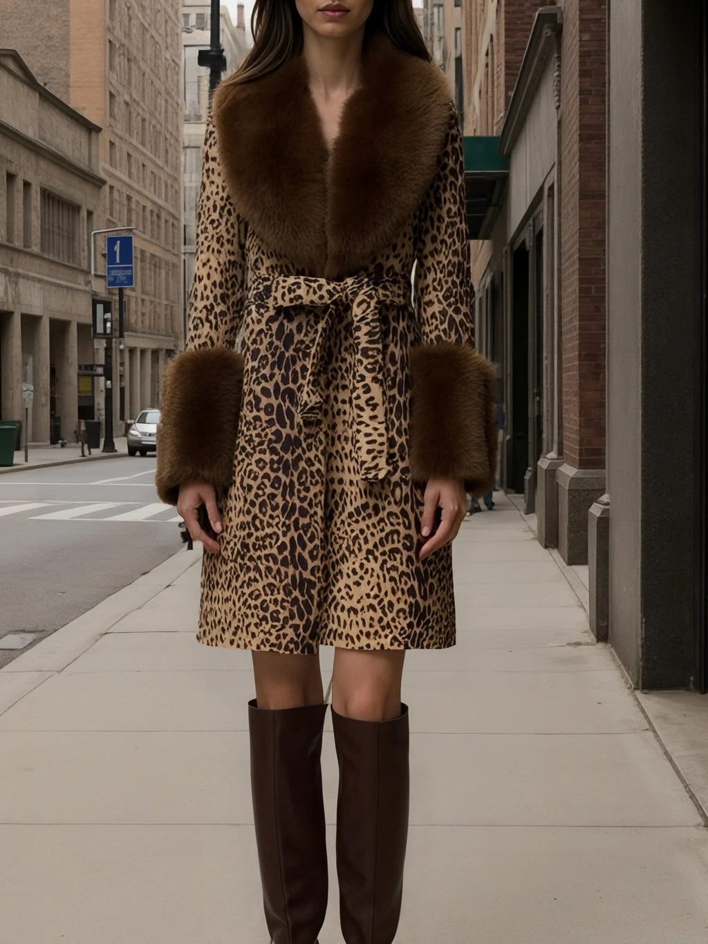 Flowering Girl Women Leopard print patchwork plush coat