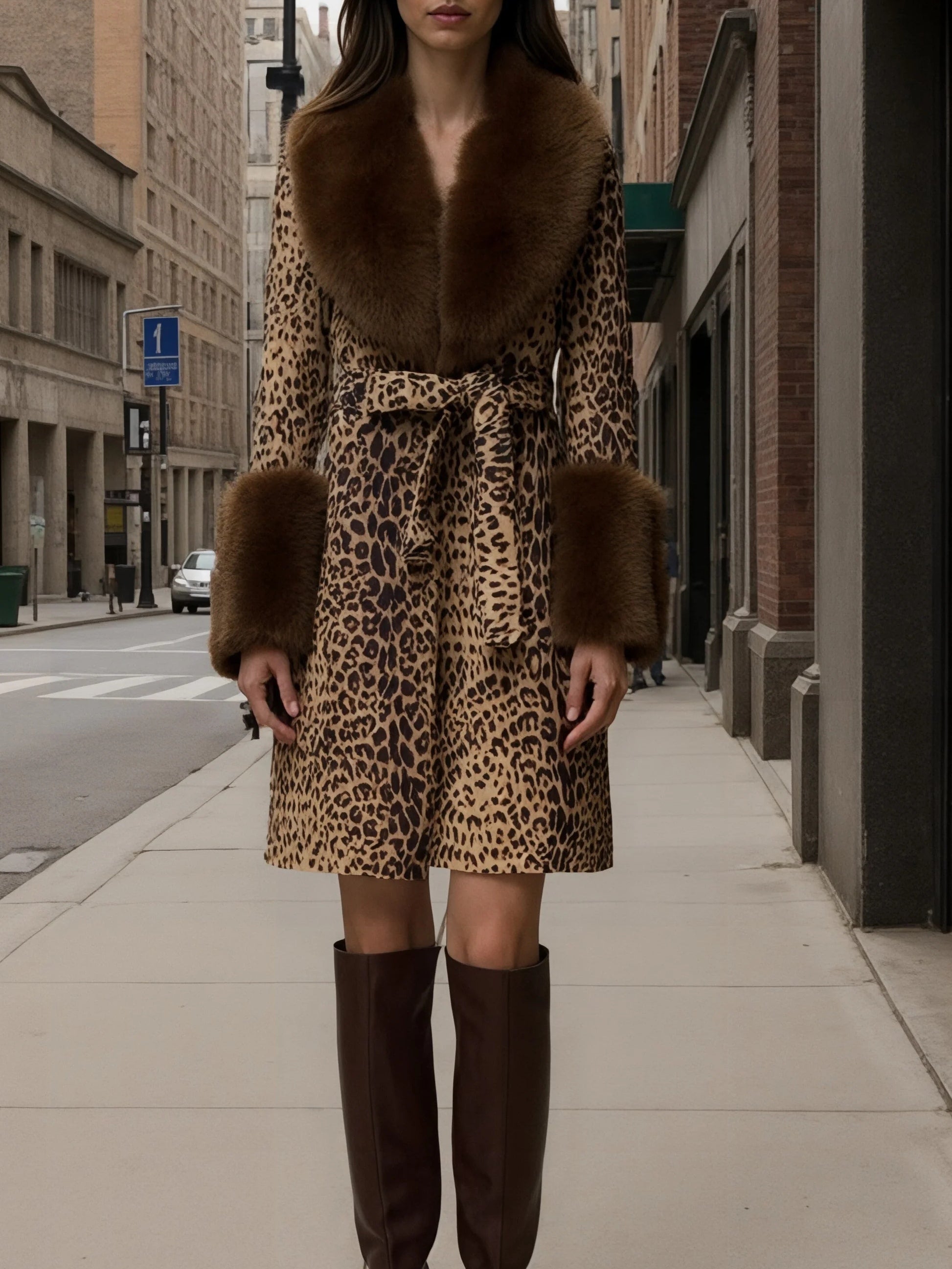 Flowering Girl Women Leopard print patchwork plush coat