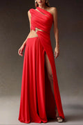 Flowering Girl Women Atalanta High Slit Hollowed-Out Maxi Dress In Red