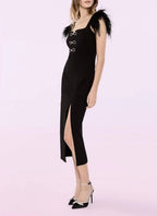 Flowering Girl Women Feather Trim Bandage Midi Dress