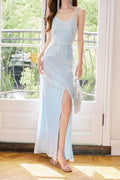 Light Blue Sequin Spaghetti Strap Slit Maxi Dress