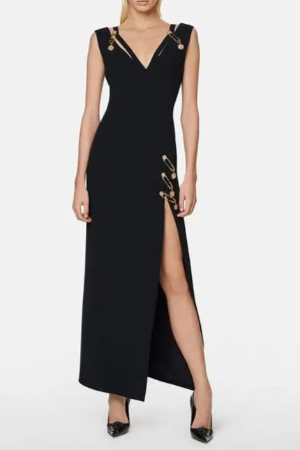 Flowering Girl Women v-Neck Pin-Embellished Maxi Dress In Black