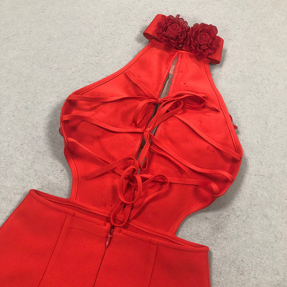 Flowering Girl Women halter 3d flower hollow out backless maxi dress in red