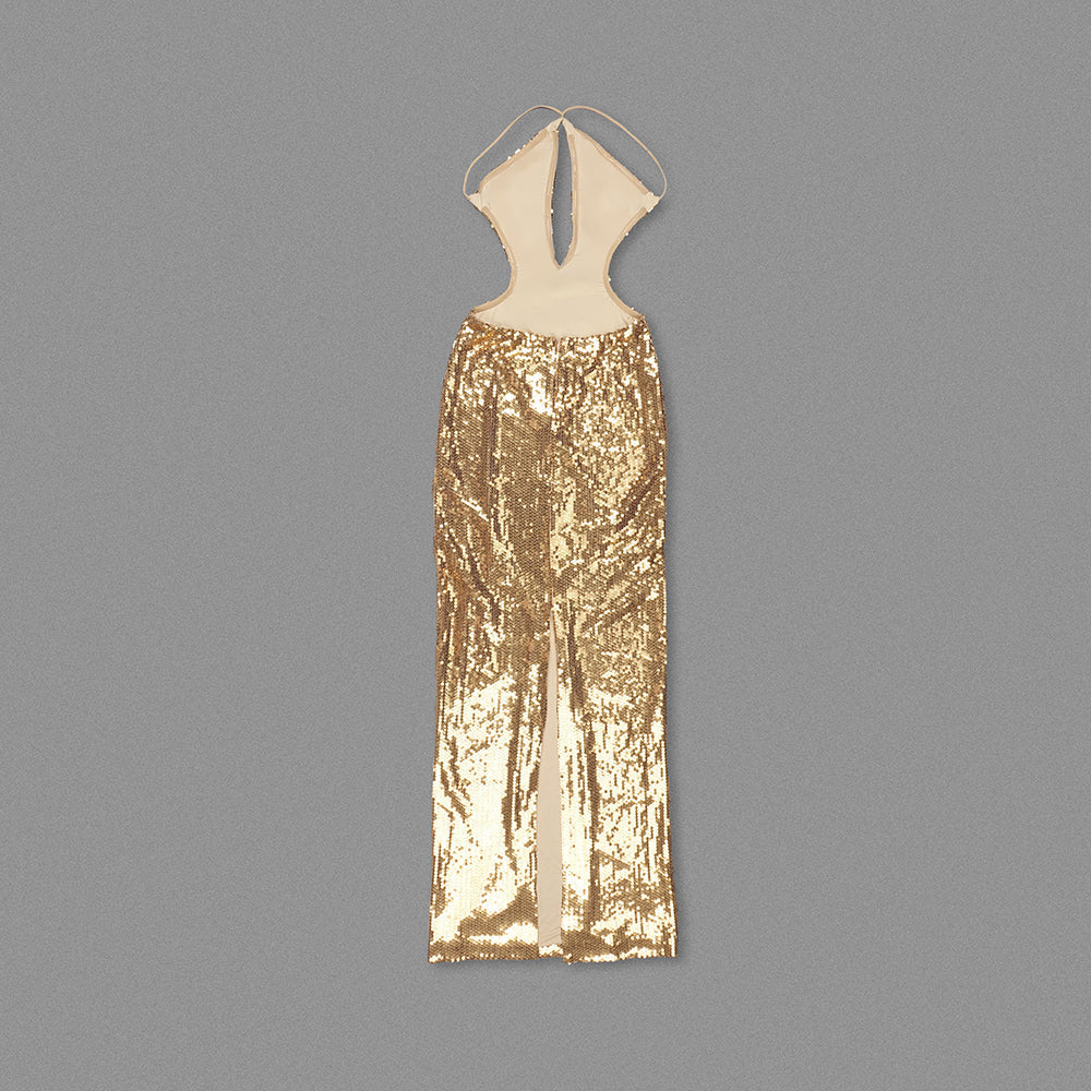 Flowering Girl Women sequin hollow bodycon maxi dress in gold