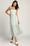 Flowering Girl Women Mint Smocked Tie-Back Tiered Midi Dress