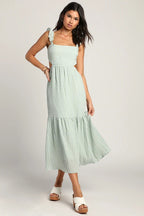 Flowering Girl Women Mint Smocked Tie-Back Tiered Midi Dress