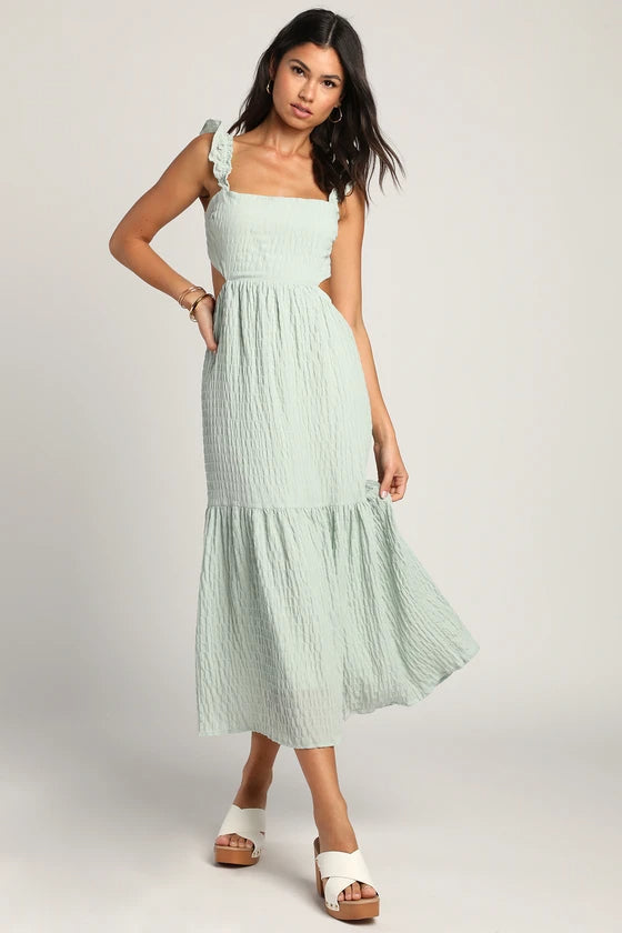 Flowering Girl Women Mint Smocked Tie-Back Tiered Midi Dress