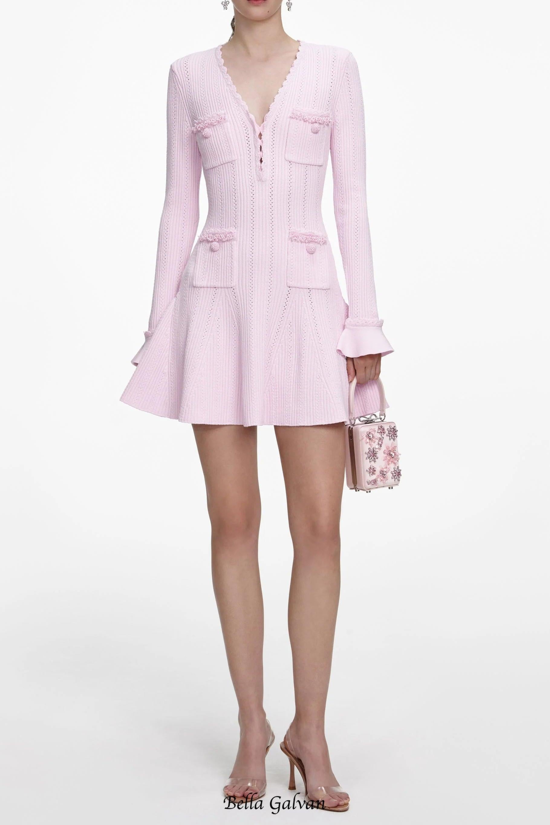 xylia Pink Pearl Trim v-neck Knit Mini Dress